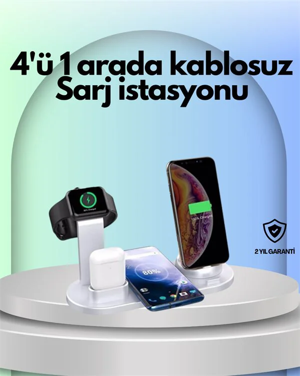 4'ü 1'de Şarj Ünitesi – iPhone, Apple Watch ve AirPods Uyumlu Kablosuz Şarj İstasyonu