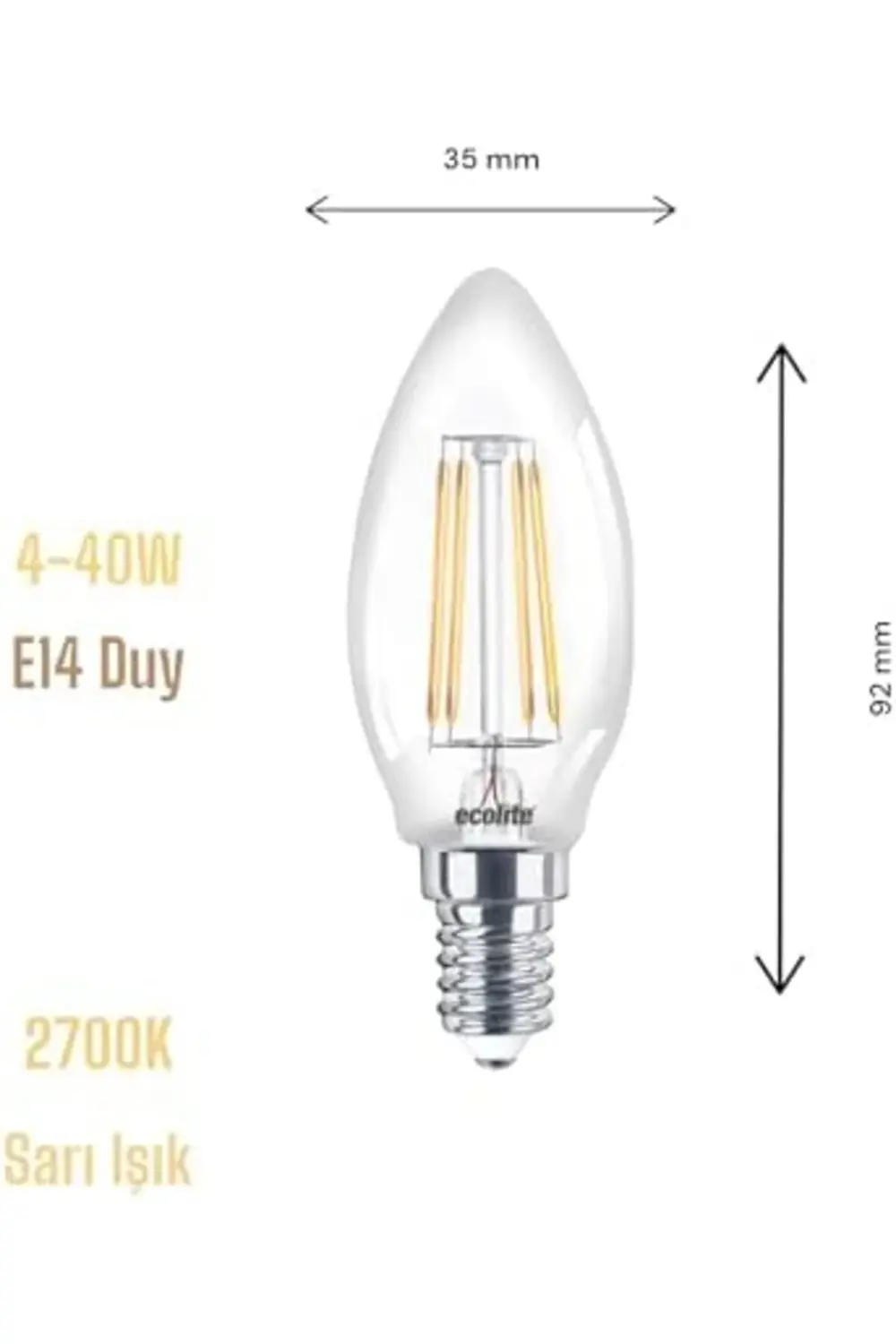 4W LED Filament Mum Ampul, E14 Duy, 2700K Sarı Işık, 470 Lümen, Ş