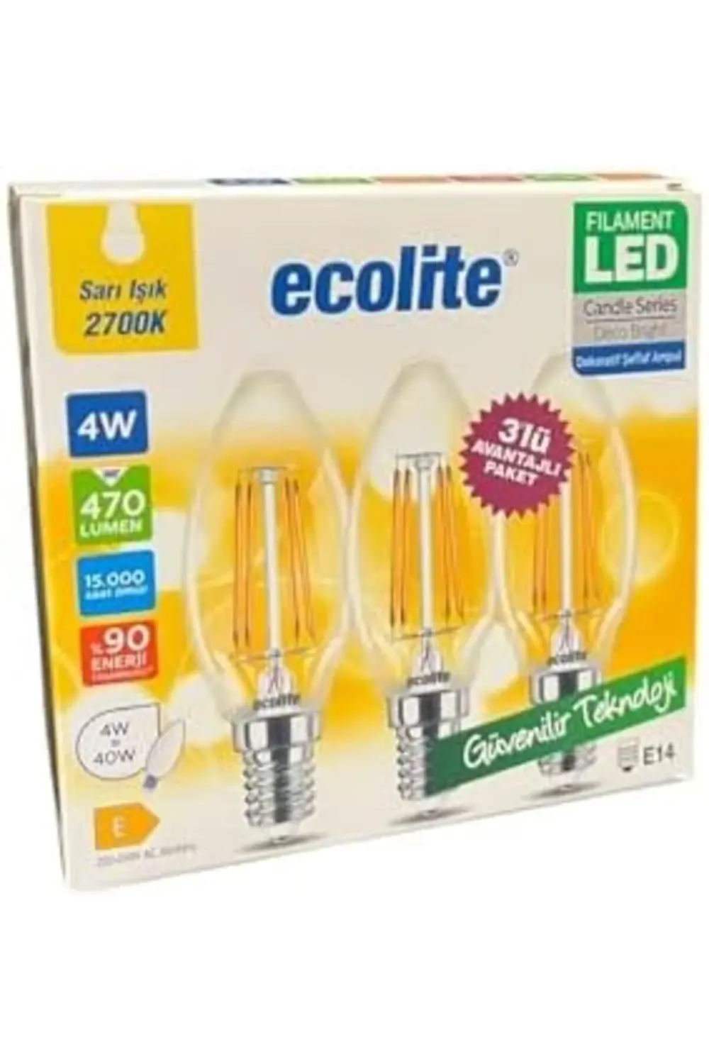 4W LED Filament Mum Ampul, E14 Duy, 2700K Sarı Işık, 470 Lümen, Ş