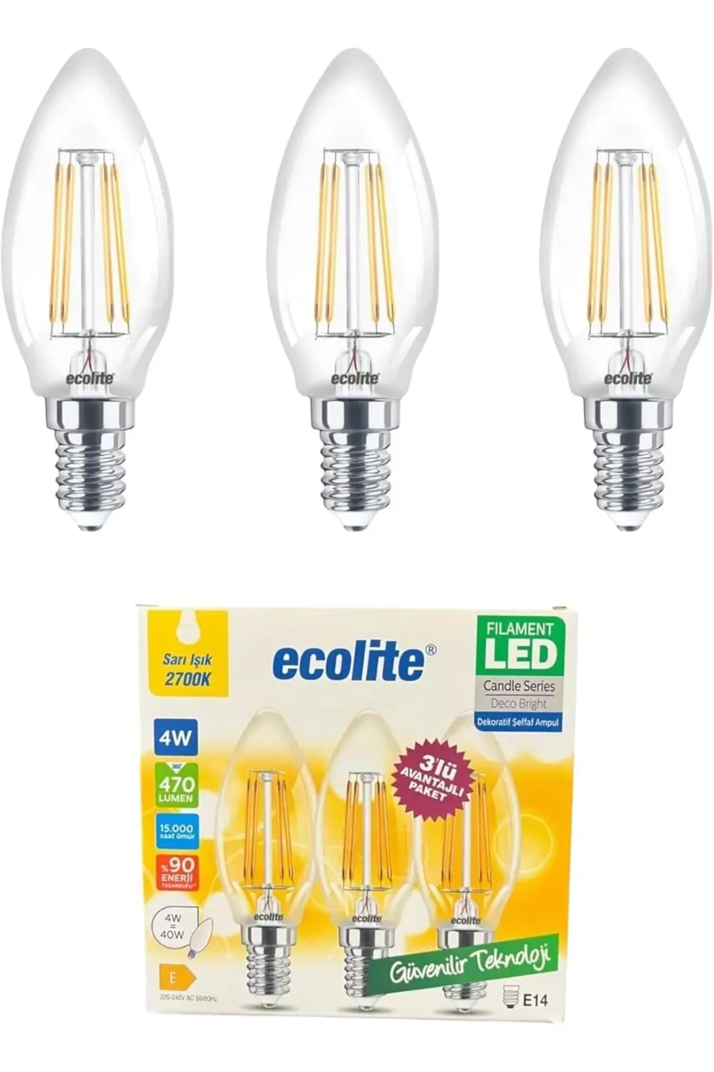 4W LED Filament Mum Ampul, E14 Duy, 2700K Sarı Işık, 470 Lümen, Ş