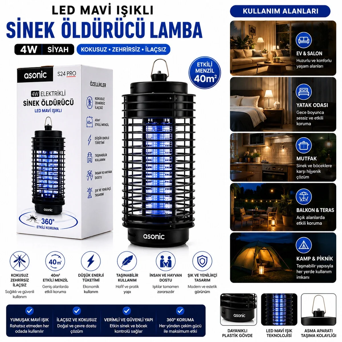 4w - Siyah Kokusuz Taşınabilir Led Mavi Işıklı Sinek Öldürücü S24 Pro Bx40 Fiyatı, Yorumları ve Özellikleri