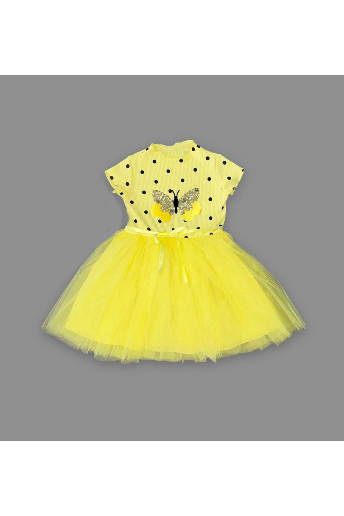 Ok Aksesuar 5-6-7 Yaş Payetli Kelebek Desenli Puantiyeli Kız Çocuk Elbisesi