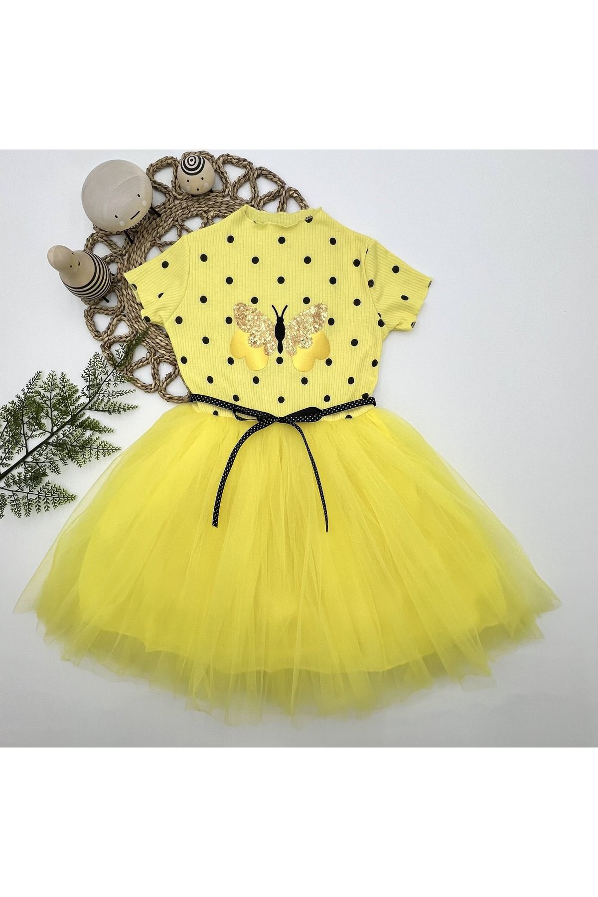 Ok Aksesuar 5-6-7 Yaş Payetli Kelebek Desenli Puantiyeli Kız Çocuk Elbisesi