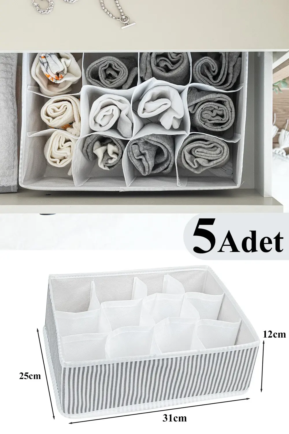 Pazar Kapısı 5 Adet 12 Bölmeli Çok Amaçlı Organizer Çekmece Düzenleyici Gri