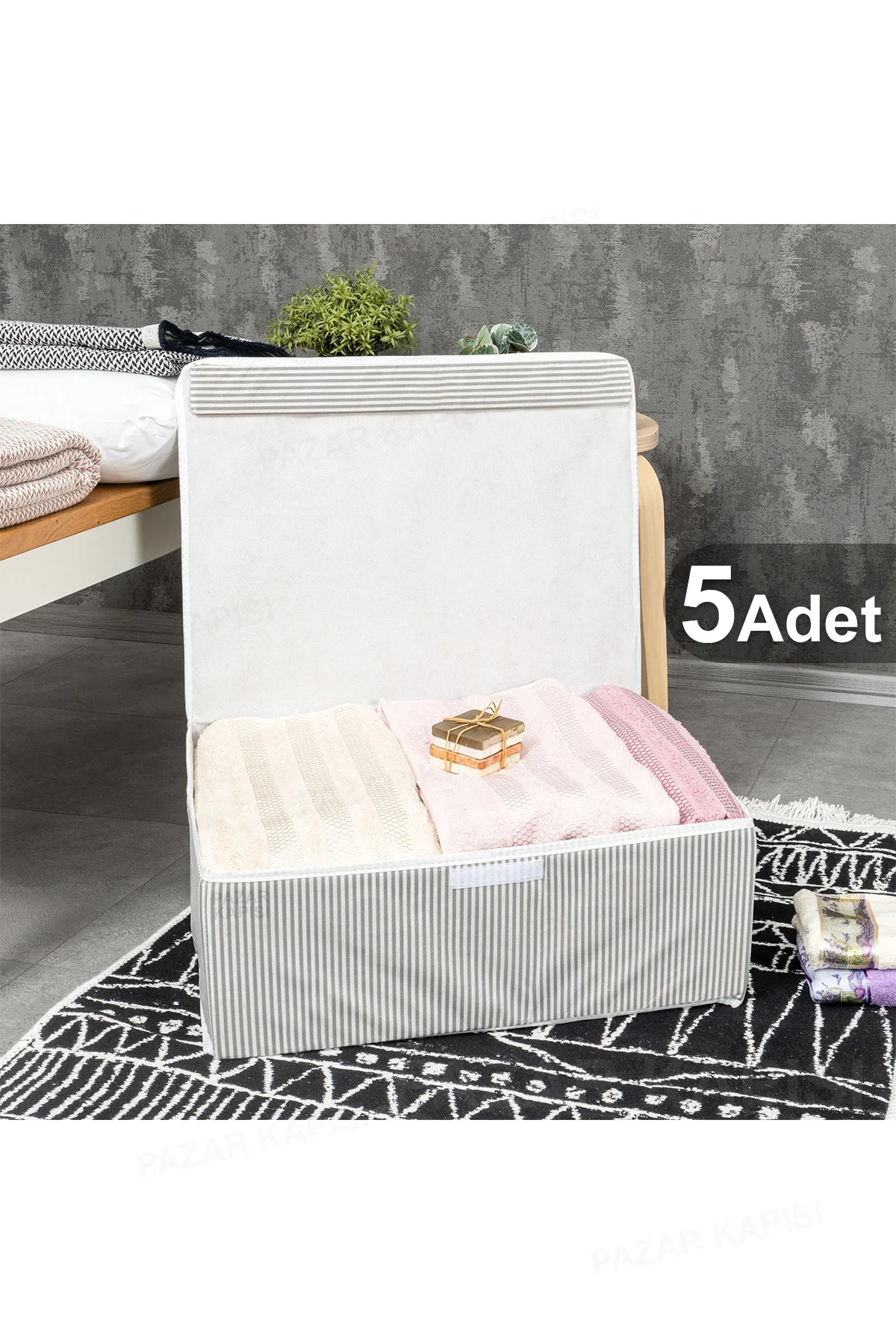 5 Adet Çok Amaçlı Kapaklı Kutu Baza Boy Kahverengi 50x40x19 Cm