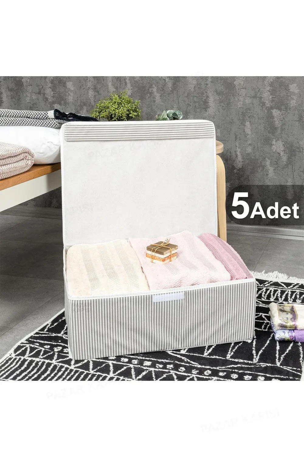 5 Adet Çok Amaçlı Kapaklı Kutu Baza Boy Gri 50x40x19 Cm