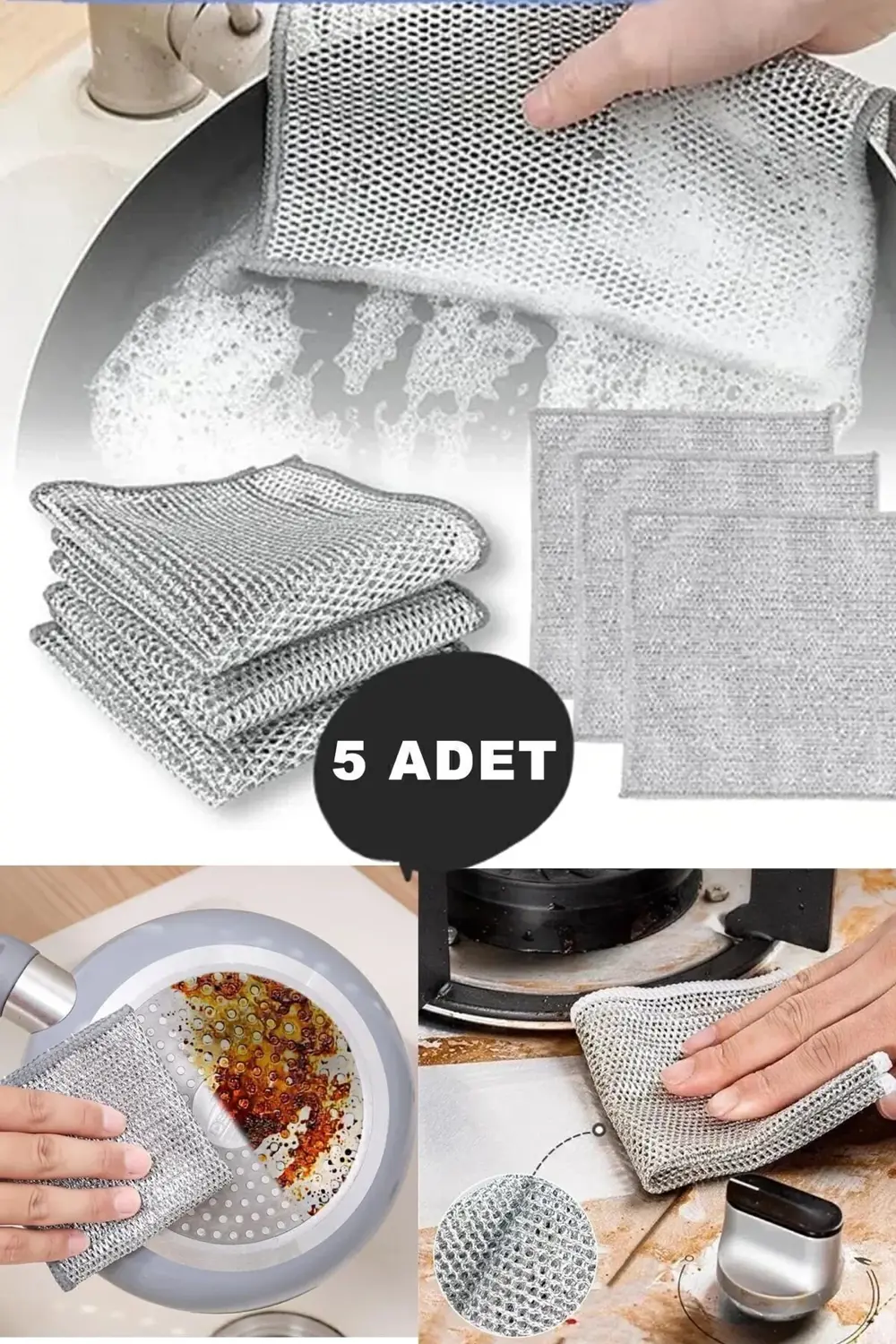 5 Adet Çok Fonksiyonlu Çizilmez Tel Bulaşık Bezi Ovalama Bezi M-6