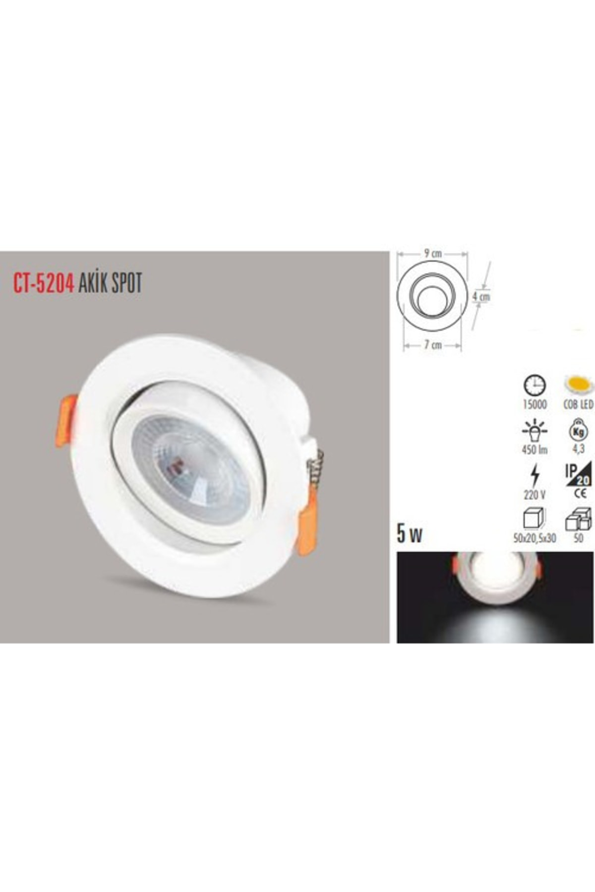 5 Adet Ct 5204 5 W Sıva Altı Led Spot Beyaz 6500k