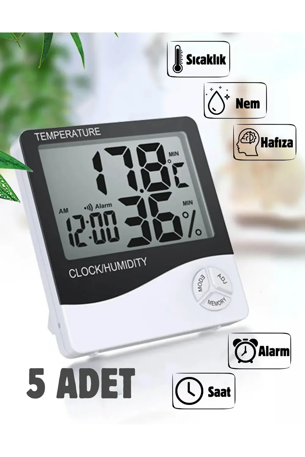 5 Adet Dijital Termometre Sıcaklık Ve Nem Ölçer Masa Saati Alarm