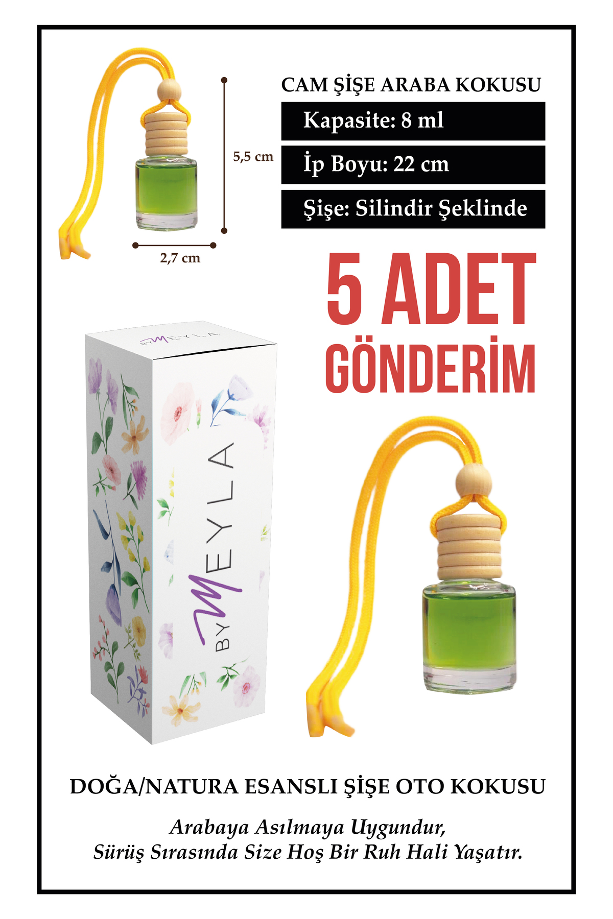 5 Adet Doğa Nature Esans Aromalı Cam Şişeli Oto Kokusu ve Torpido