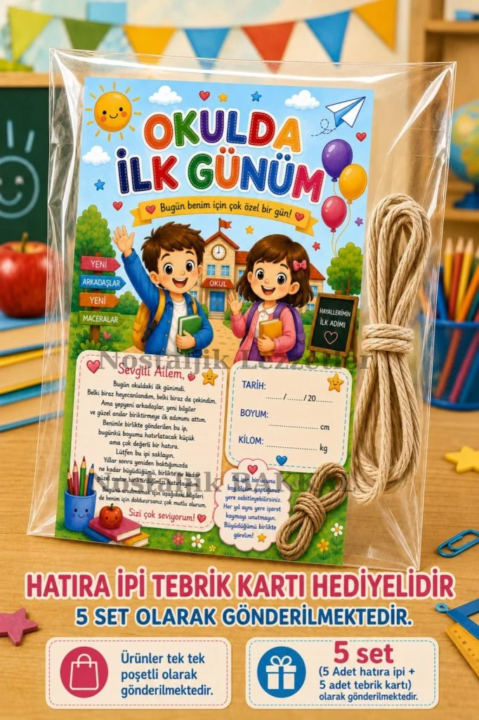 5 Adet Hatıra İpi Tebrik Kartı Hediyeli Okulda İlk Gün Hediye Seti 1. Sınıf-Sene Başı Hatıra Tebrik Kartı Seti