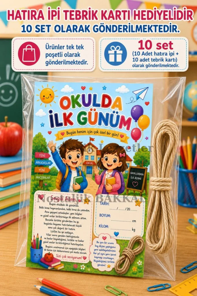 5 Adet Hatıra İpi Tebrik Kartı Hediyeli Okulda İlk Gün Hediye Seti 1. Sınıf-Sene Başı Hatıra Tebrik Kartı Seti