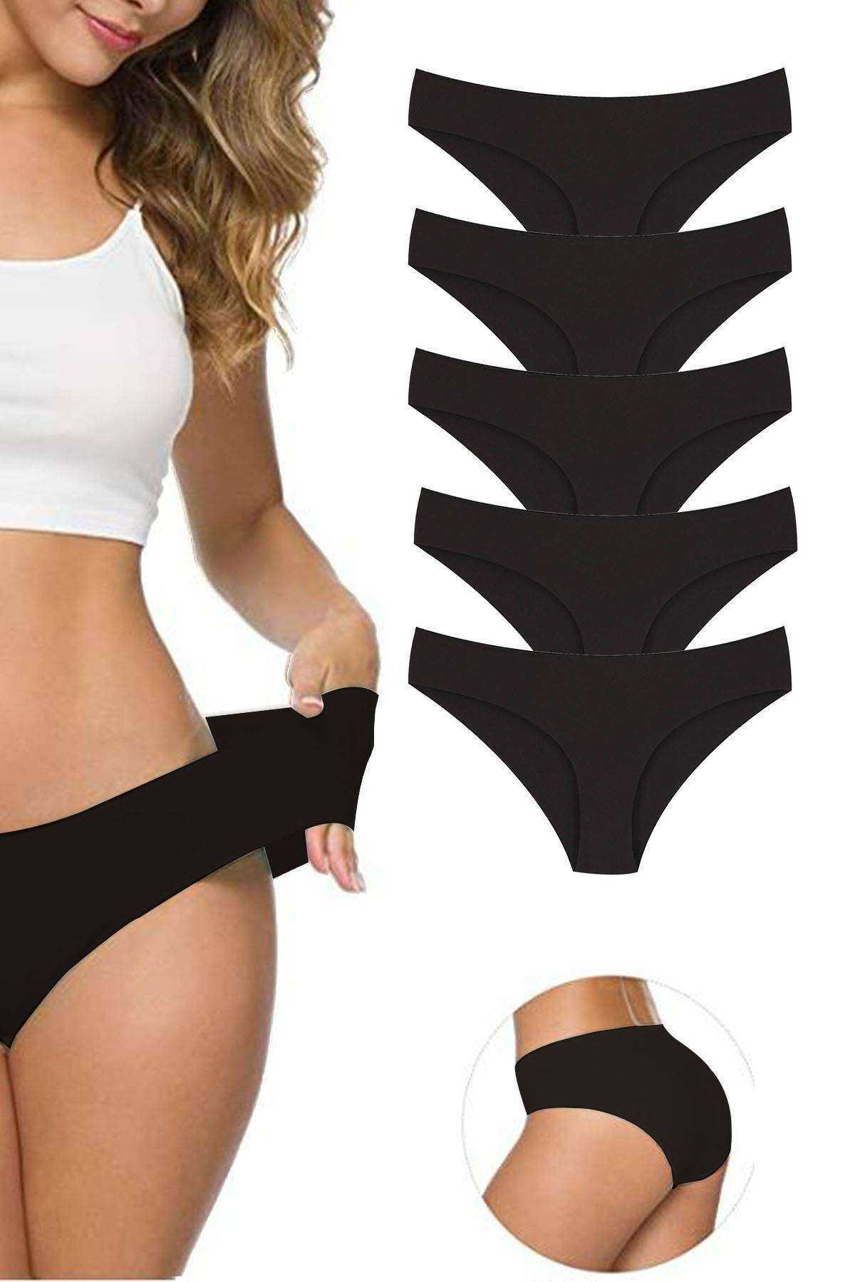 Just Cheap Store 5 Adet Kadın Dikişsiz Lazer Kesim Esnek İz Yapmayan Külot Siyah