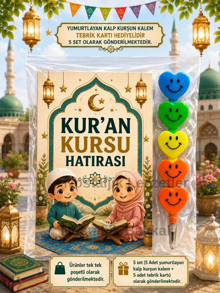5 Adet Kur'an Kursu Hatırası Kalp Şeklinde Yumurtlayan Kurşun Kalem Kartı Hediye Seti