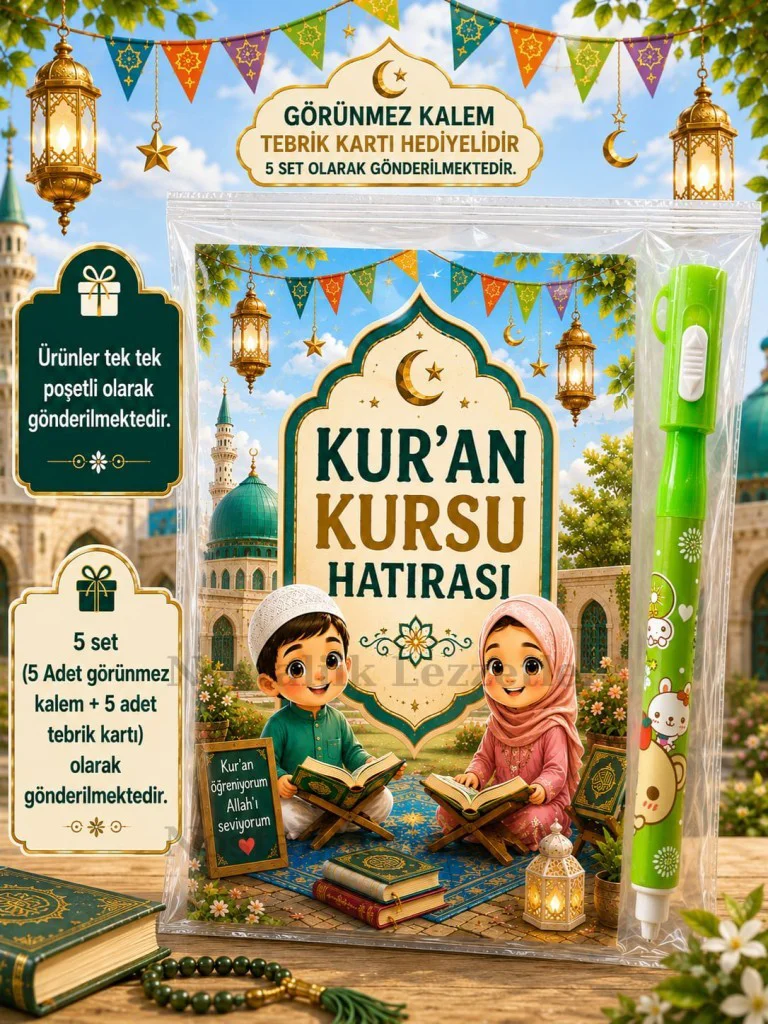 5 Adet Kur'an Kursu Hatırası Görünmez Kalem Tebrik Kartı Hediye Seti
