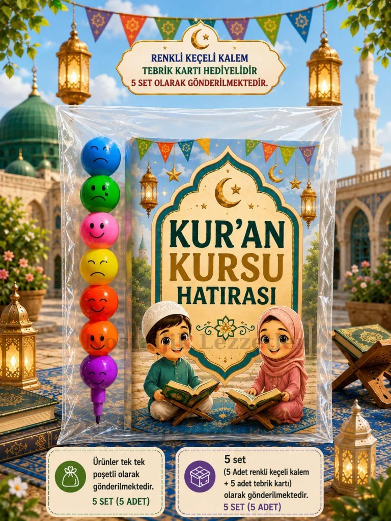 5 Adet Kur'an Kursu Hatırası Renkli Keçeli Kalem Tebrik Kartı Hediye Seti