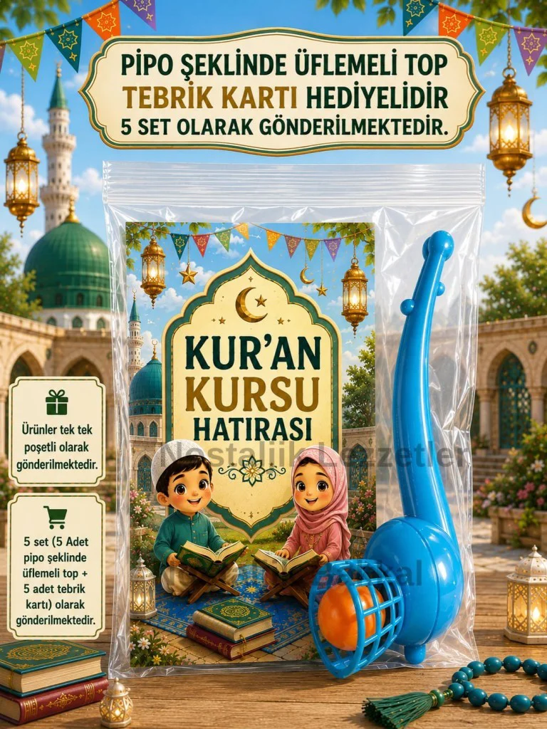 5 Adet Kur'an Kursu Hatırası Pipo Şeklinde Üflemeli Top Tebrik Kartı Hediye Seti