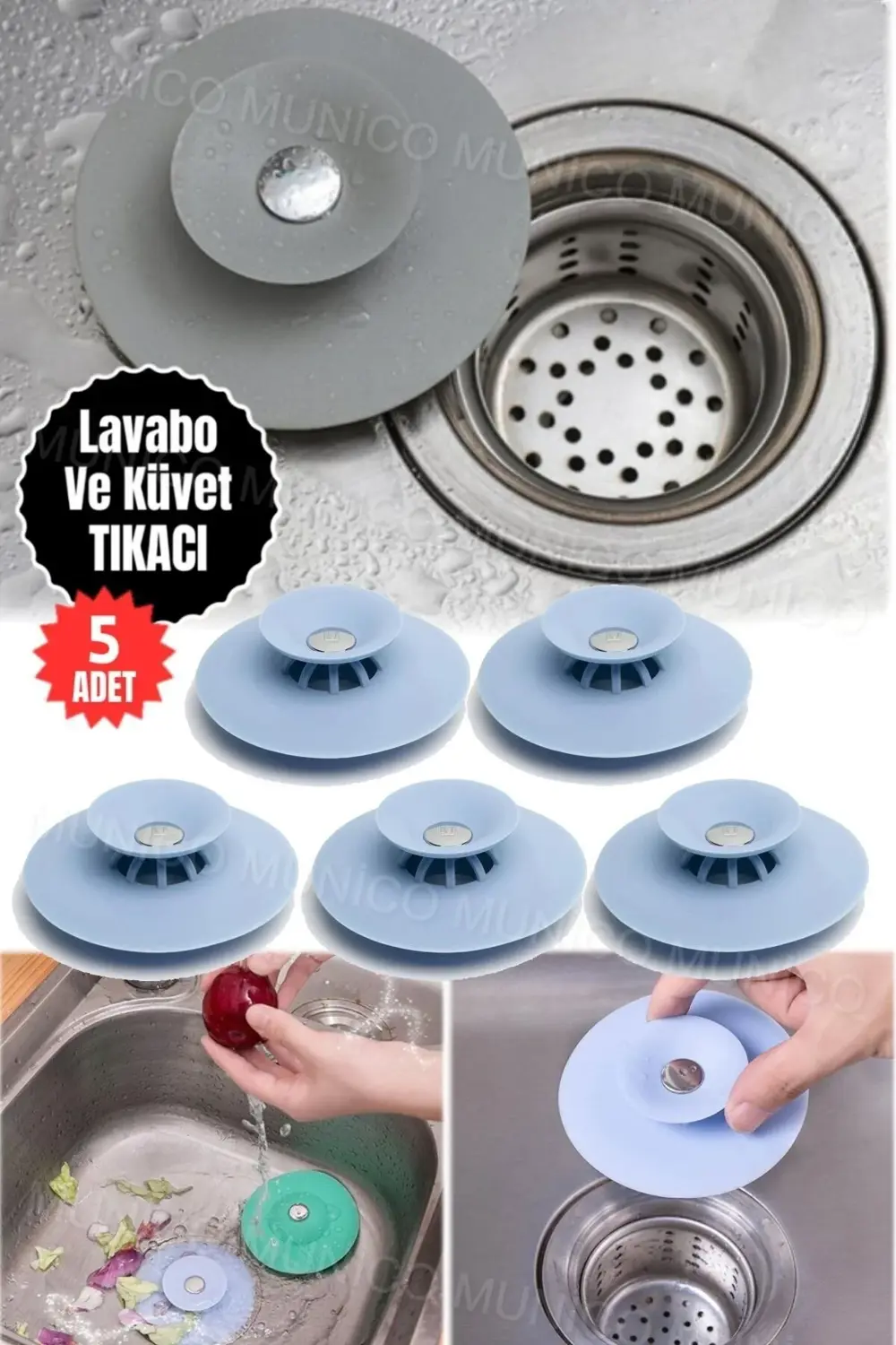 5 Adet Küvet İçin Süzgeçli Banyo Gider Tıpası, Su Durdurucu Apara