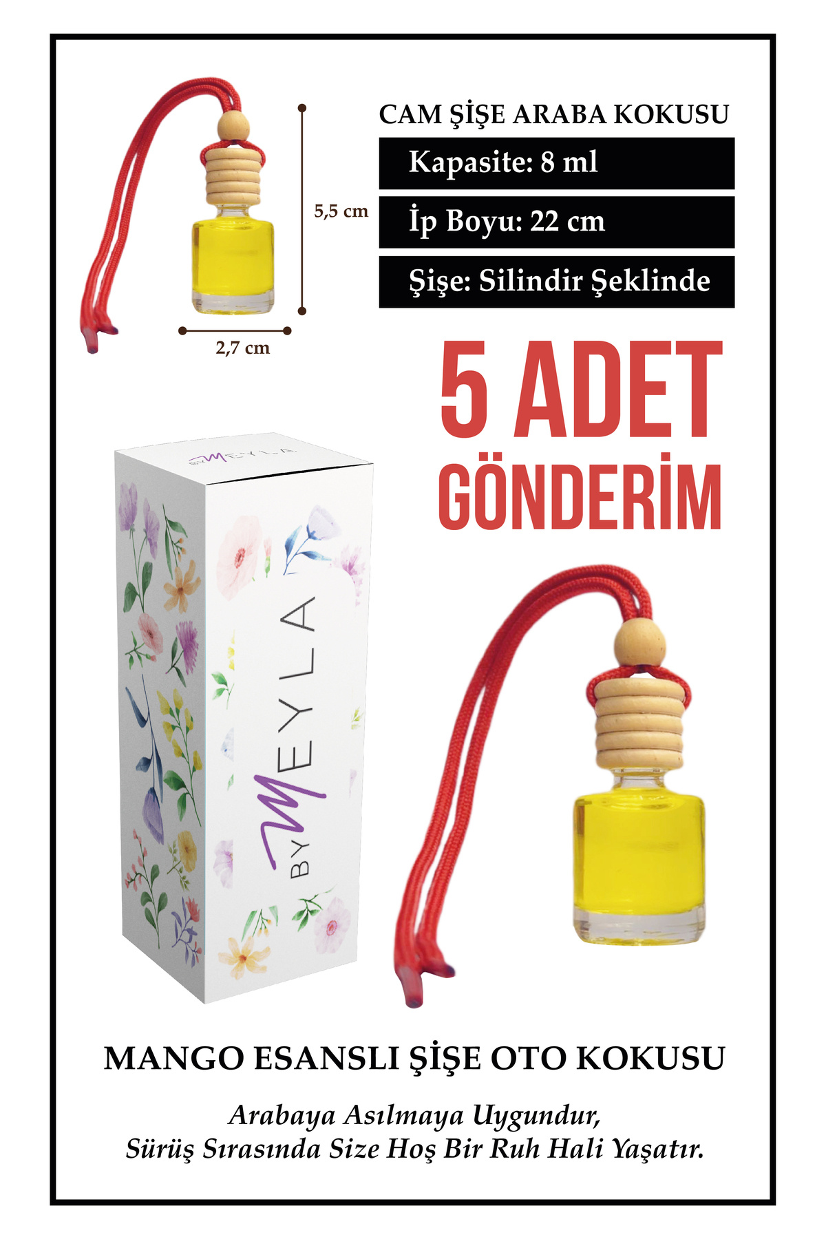 5 Adet Mango Esans Aromalı Cam Şişeli Oto Kokusu ve Torpido Akses