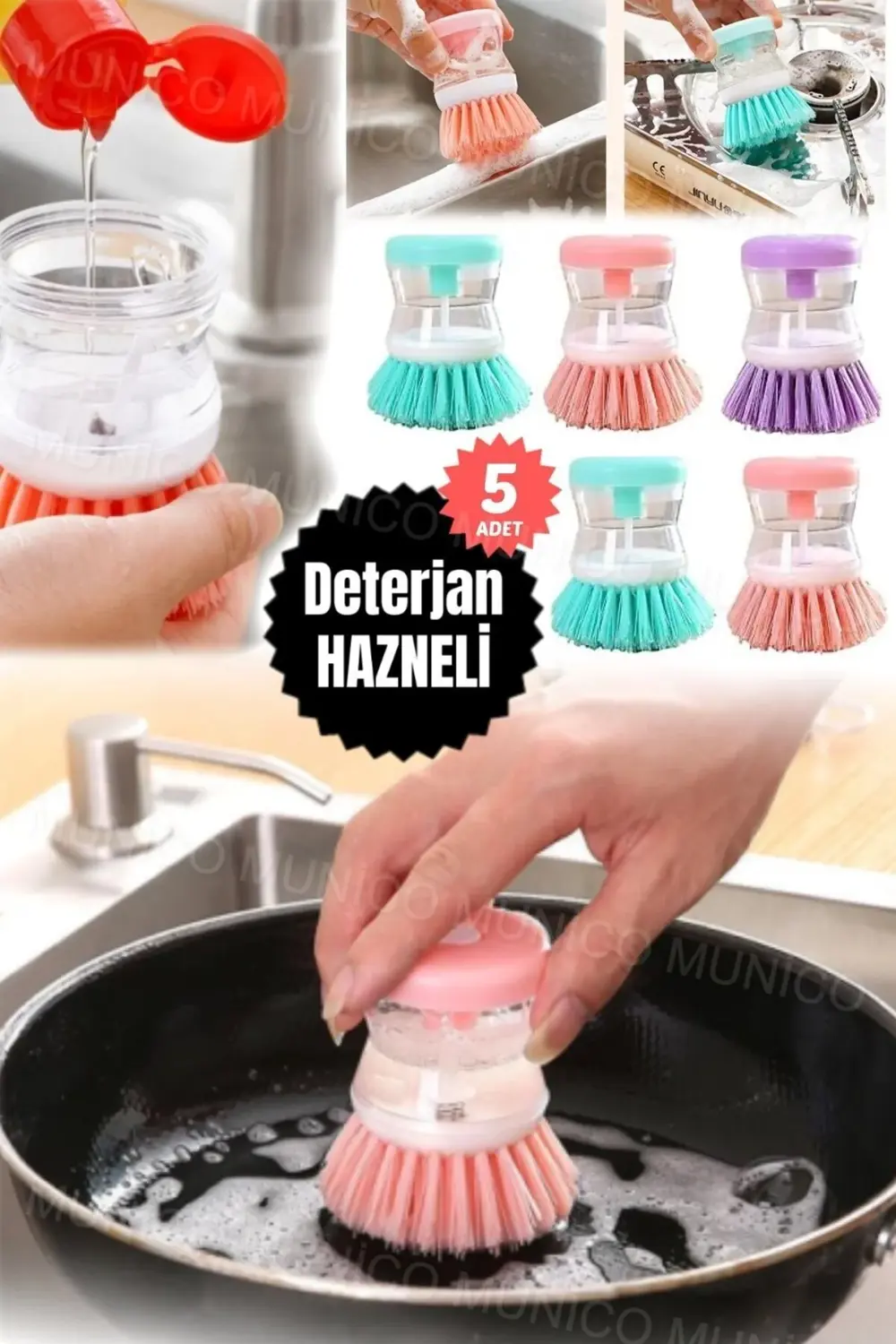 5 Adet Mutfak İçin Hazneli Bulaşık Fırçası Kullanışlı Sıvı Deterj