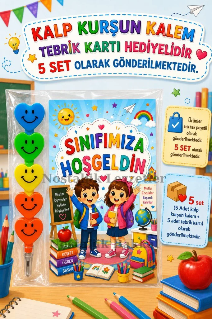 5 Adet Sınıfımıza Hoşgeldin Yazılı Hediye Seti Kalp Kurşun Kalem 5 Adet Sınıfımıza Hoşgeldin Yazılı Hediye Seti Kalp Kurşun Kalem