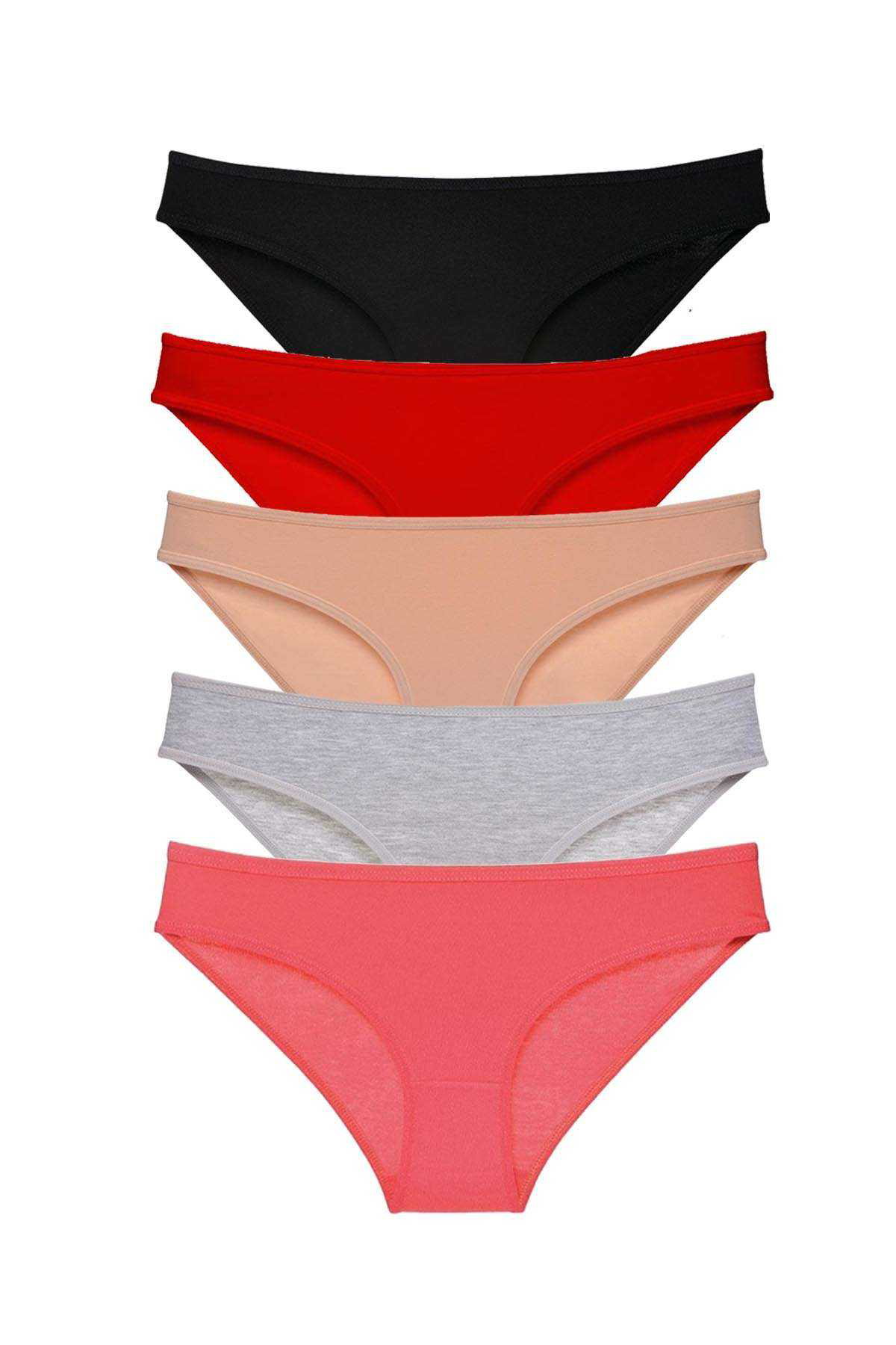 5 adet Süper Eko Set Likralı Kadın Slip Külot Siyah Kırmızı Ten G