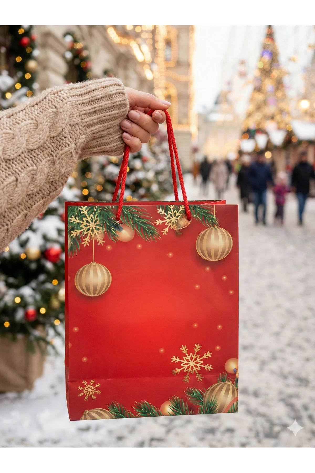 5 Adet Yılbaşı Hediye Çantası 25x30 cm - Kırmızı Desenli Ekonomik