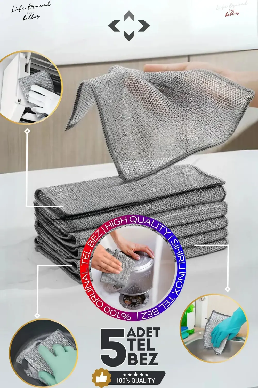 (5 Adet) Zor Kir Bezi, Inox Telli Bulaşık Bezi, Mutfak ve Banyo B