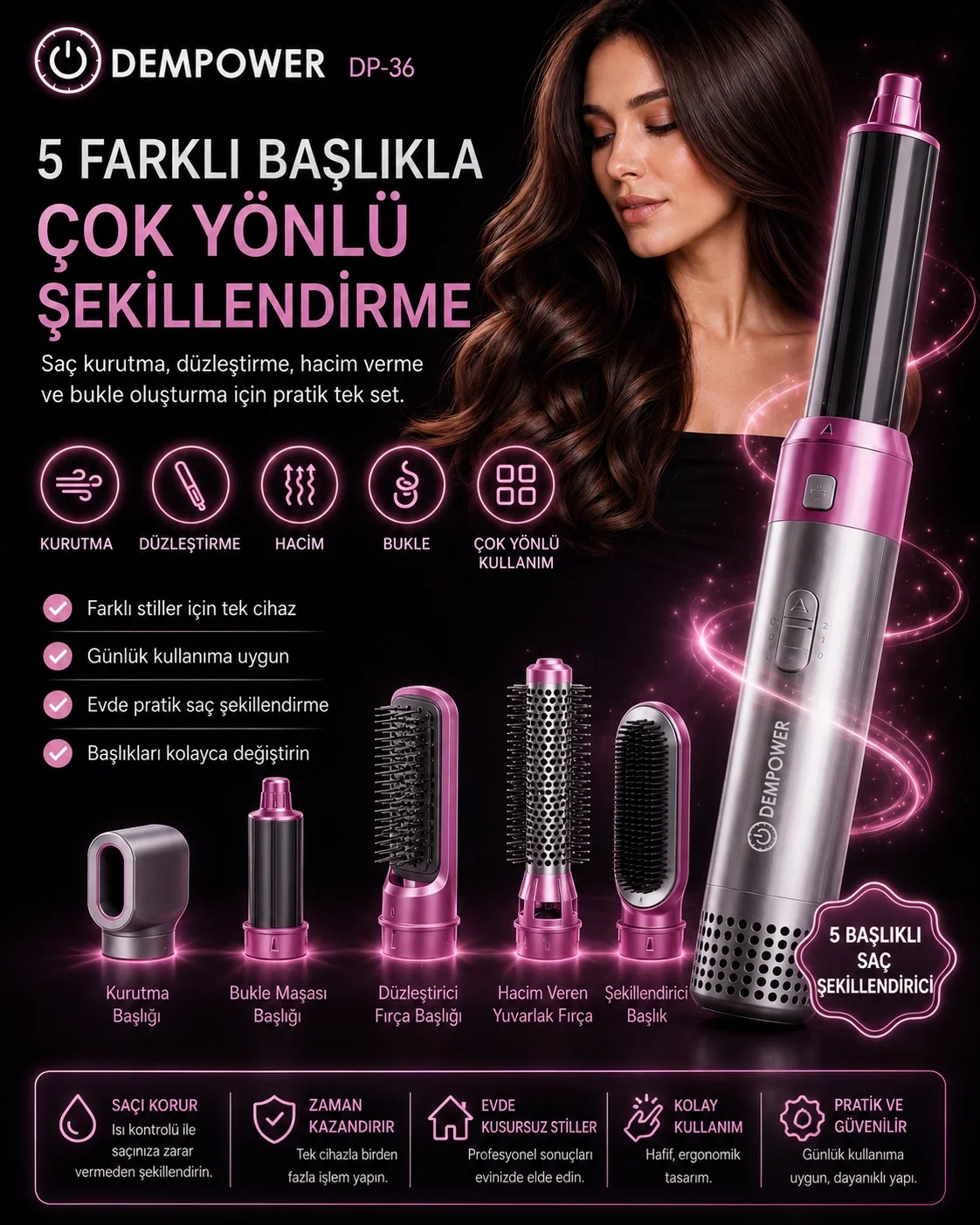5 Başlıklı Çok Fonksiyonlu Saç Şekillendirici Fön Fırçası ve Bukle Yapıcı Set