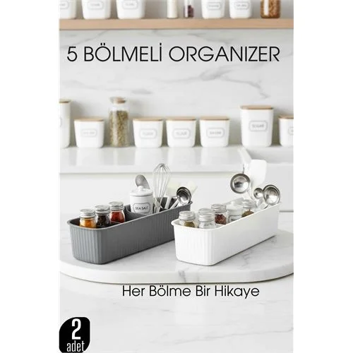 5 Bölmeli Mutfak Organizer Kutusu Gri &amp; Beyaz 2’li Set  Bahar
