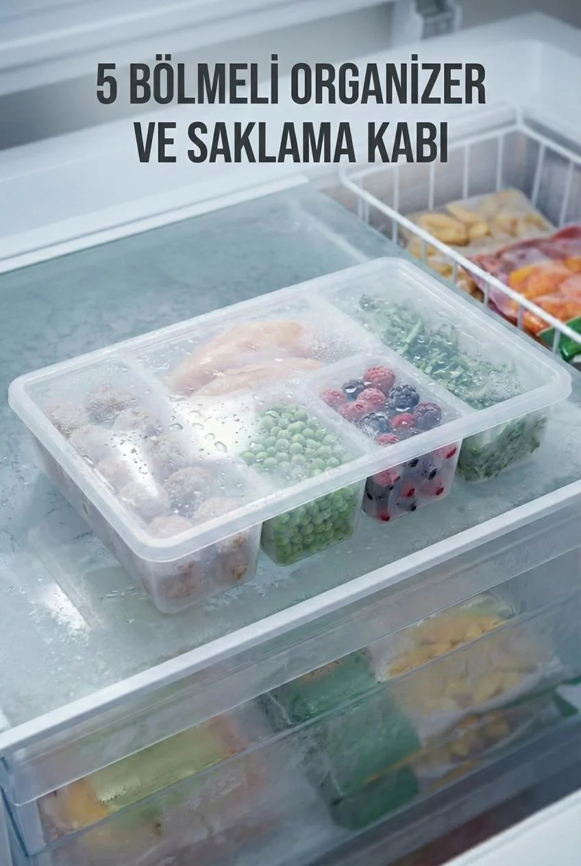 5 Bölmeli Şeffaf Buzdolabı İçi Düzenleyici &amp; Kapaklı Dondurucu Saklama Kabı (24x38 cm)