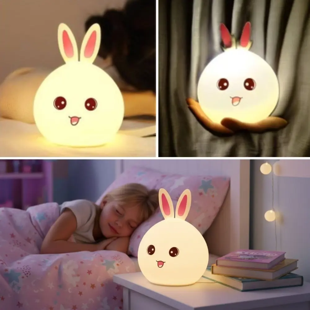 5 Farklı Renk Modlu Tavşan Figürlü Pofuduk LED Gece Lambası–Yumuş