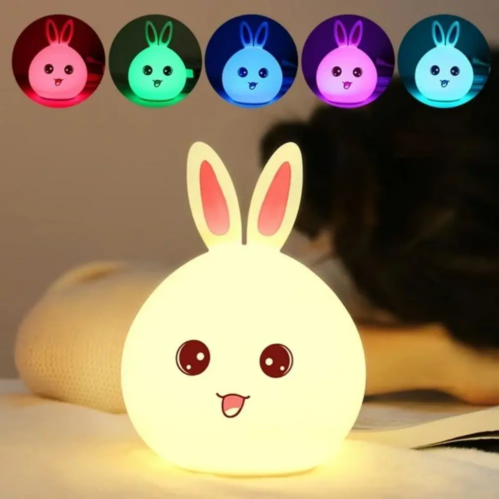 5 Farklı Renk Modlu Tavşan Figürlü Pofuduk LED Gece Lambası–Yumuş