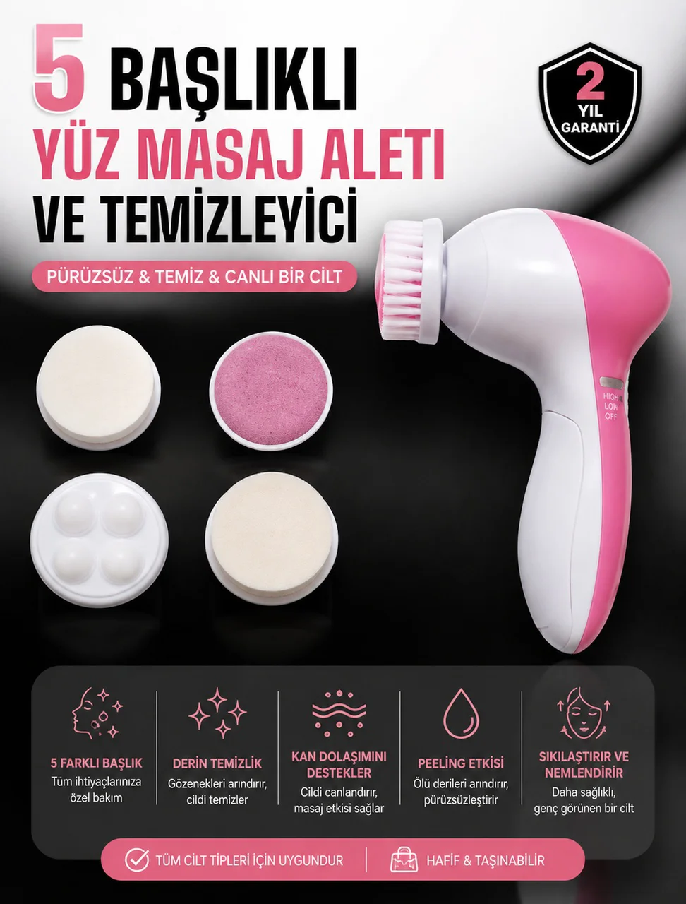 5 Fonksiyonlu Kablosuz Yüz Temizleme Cihazı İle Derinlemesine Cilt Bakımı - Lisinya