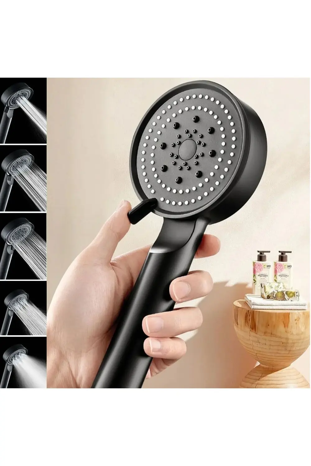 ® 5 Fonksiyonlu Yüksek Basınçlı Ayarlanabilir Siyah Duş Başlığı