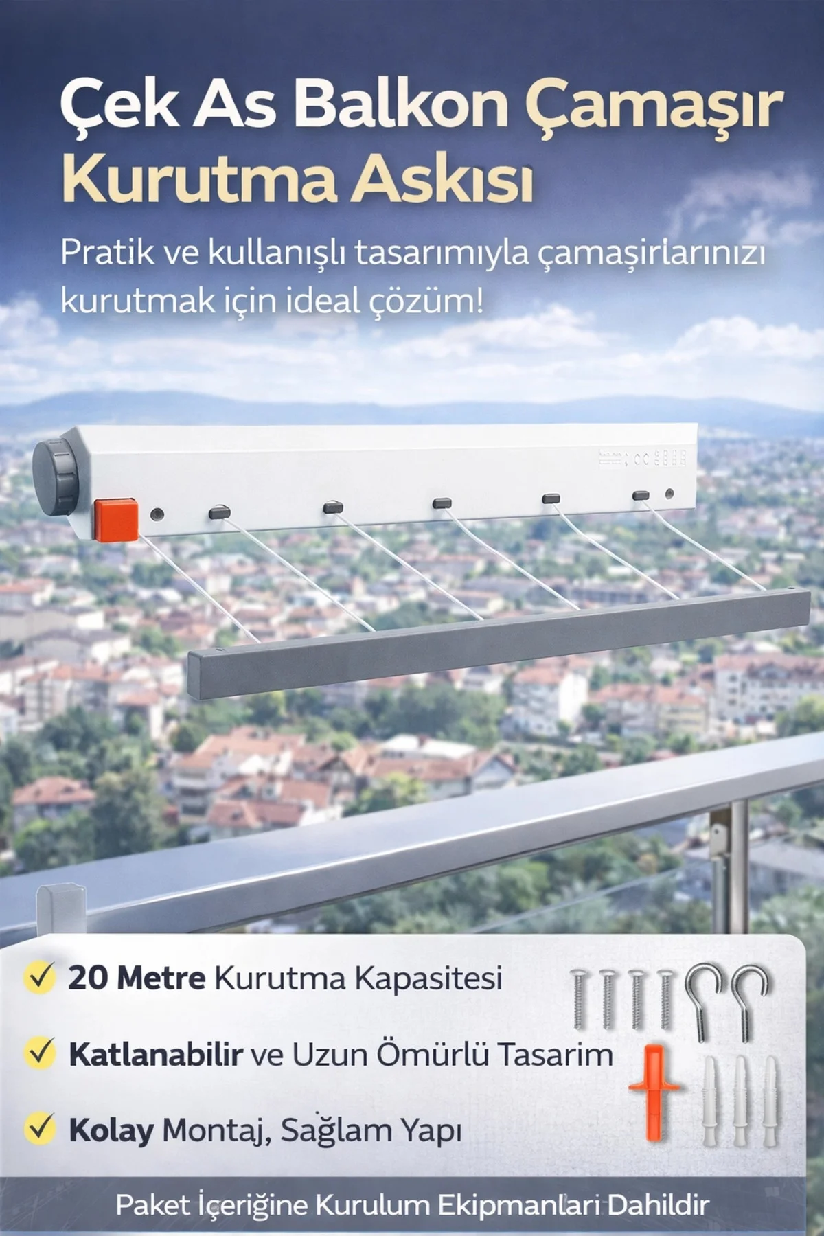 5 İpli Çamaşırlık, Çek As, Ger As, 20 Metre Uzunluk, Kolay Kurulu