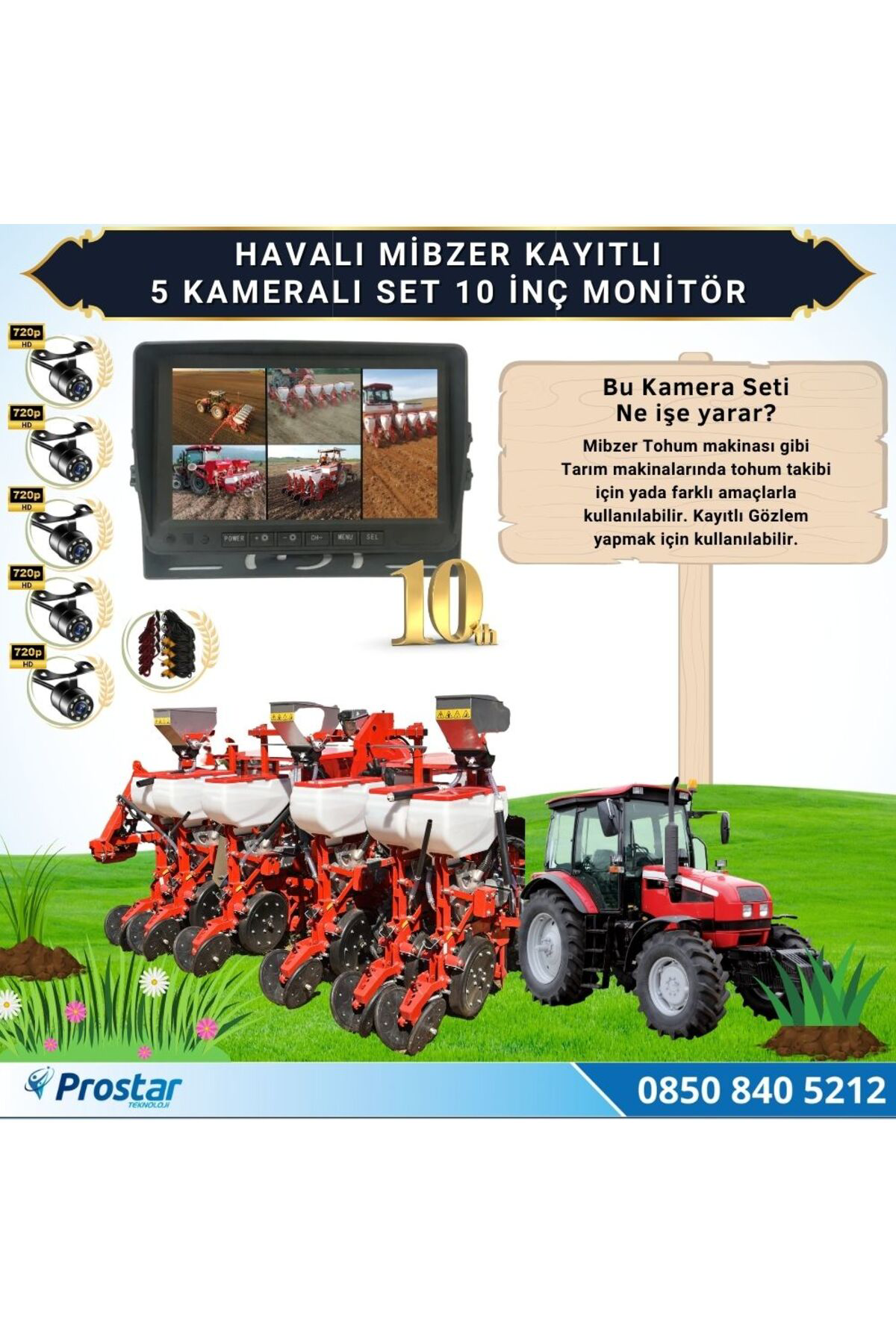 Navistar 5 Kameralı Mibzer Havalı Tohum Makinesi 10 İnç Monitör 720P Beyaz