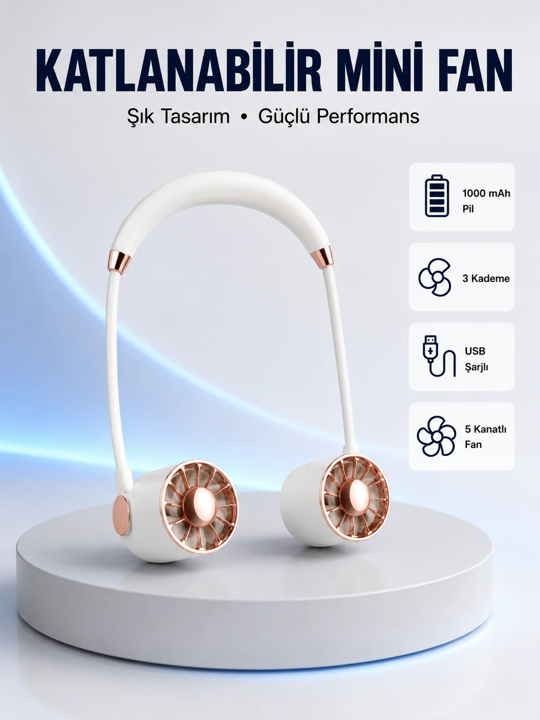 5 Kanatlı Sessiz Mini Fan 3 Vitesli Katlanabilir Asılabilir
