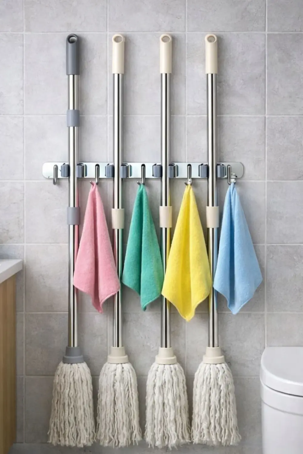 5 Kancalı 4 Mop Tutucu Paspas ve Süpürge Tutucu Askılık | 304 Pas