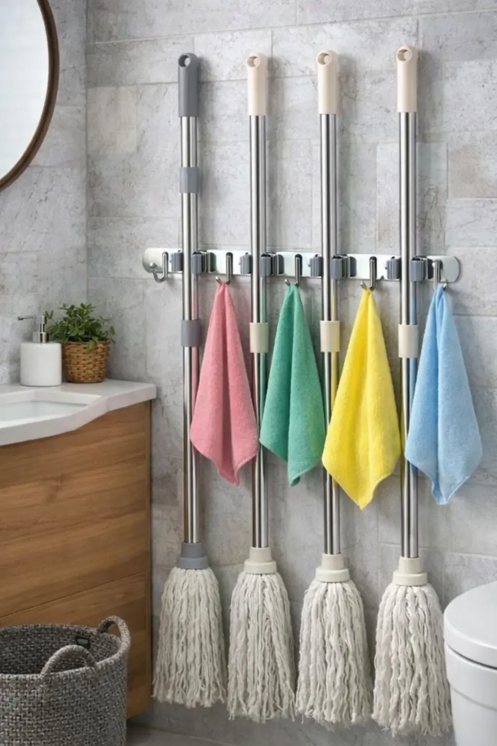 5 Kancalı 4 Mop Tutucu Paspas ve Süpürge Tutucu Askılık | 304 Pas