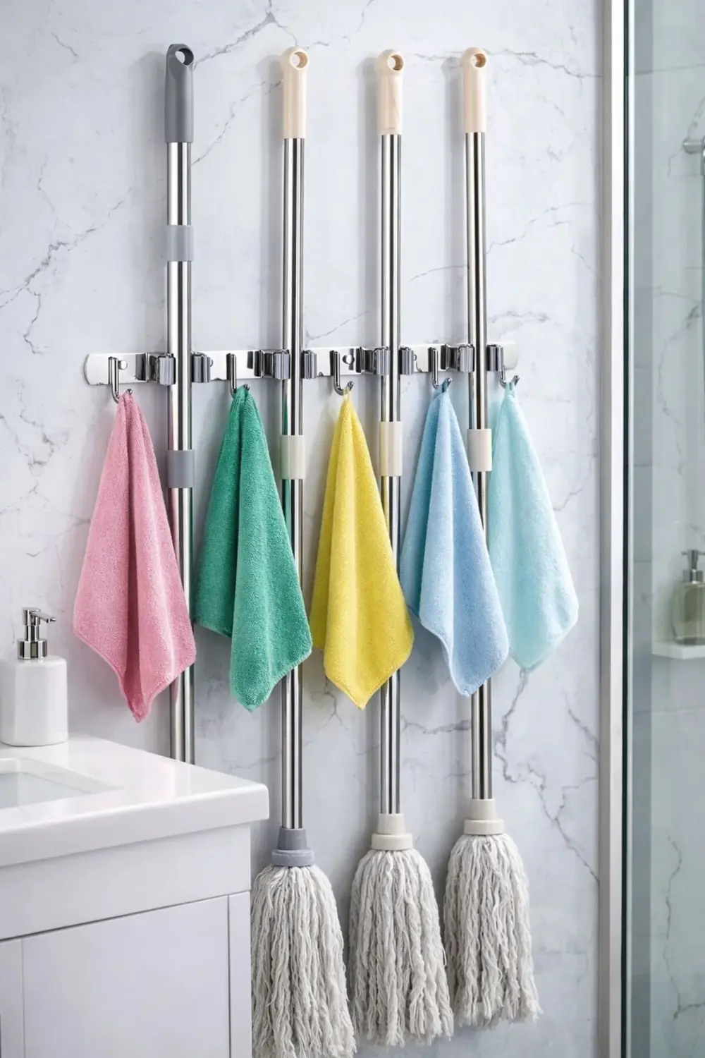5 Kancalı 4 Mop Tutucu Paspas ve Süpürge Tutucu Askılık | 304 Pas