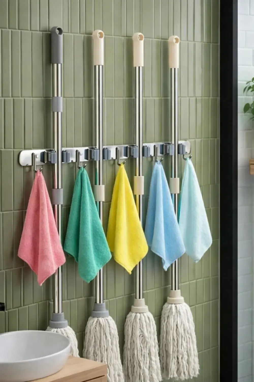 5 Kancalı 4 Mop Tutucu Paspas ve Süpürge Tutucu Askılık | 304 Pas