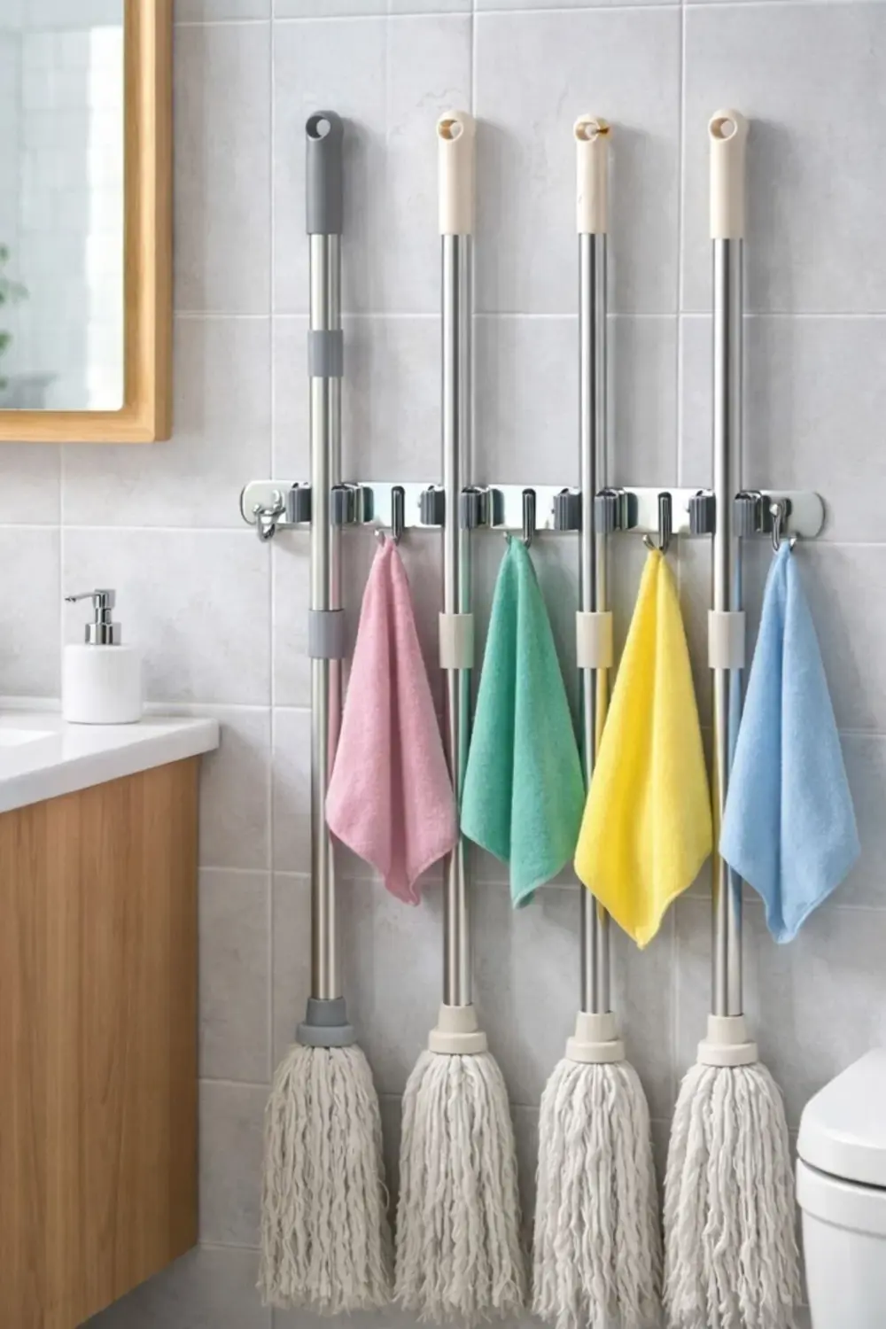 5 Kancalı 4 Mop Tutucu Paspas ve Süpürge Tutucu Askılık | 304 Pas