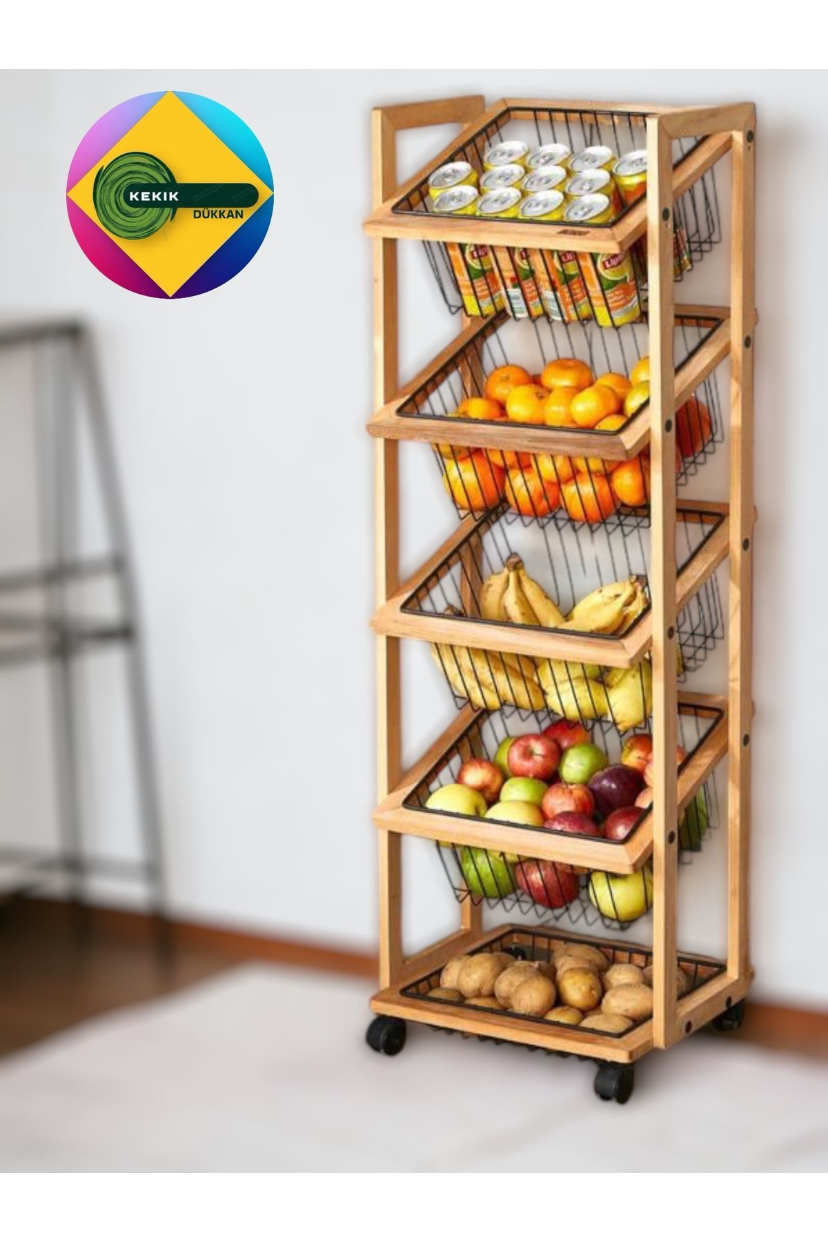 Kekikdükkan 5 Katlı Ahşap Sebze,Meyve ,Havlu Vs. Düzenleyici Raf Sepet
