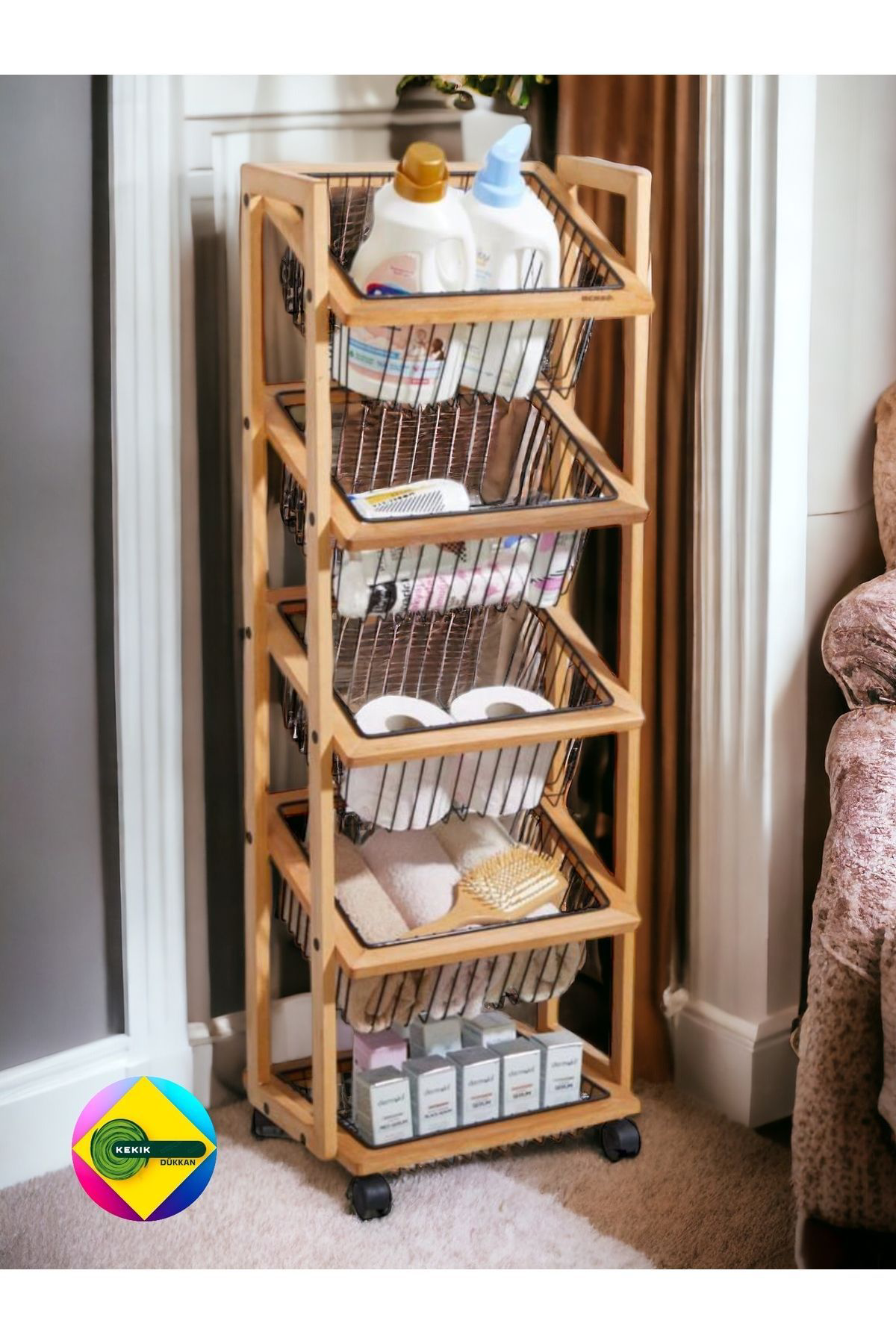 Kekikdükkan 5 Katlı Ahşap Sebze,Meyve ,Havlu Vs. Düzenleyici Raf Sepet