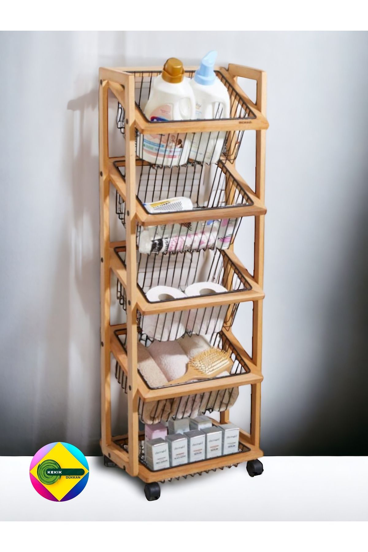 Kekikdükkan 5 Katlı Ahşap Sebze,Meyve ,Havlu Vs. Düzenleyici Raf Sepet