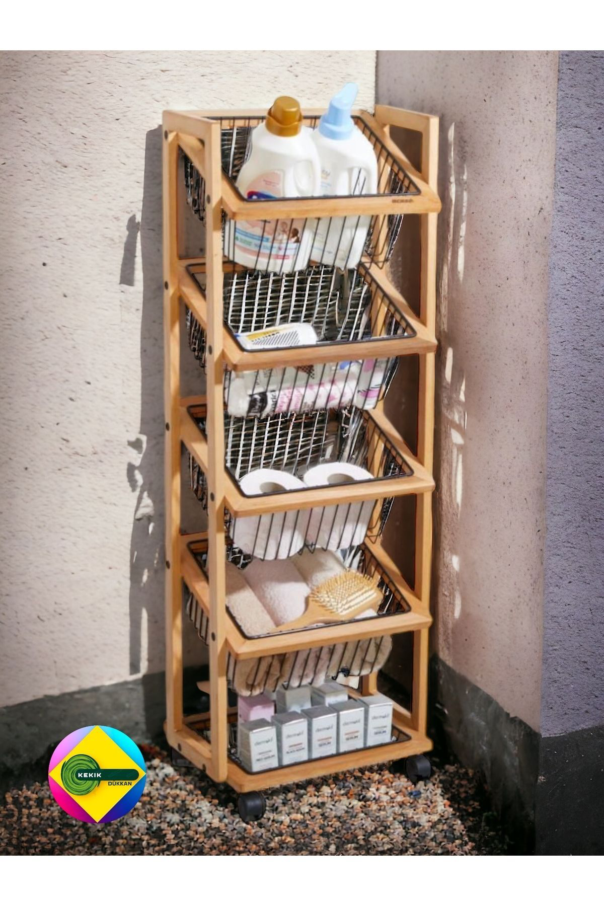 Kekikdükkan 5 Katlı Ahşap Sebze,Meyve ,Havlu Vs. Düzenleyici Raf Sepet