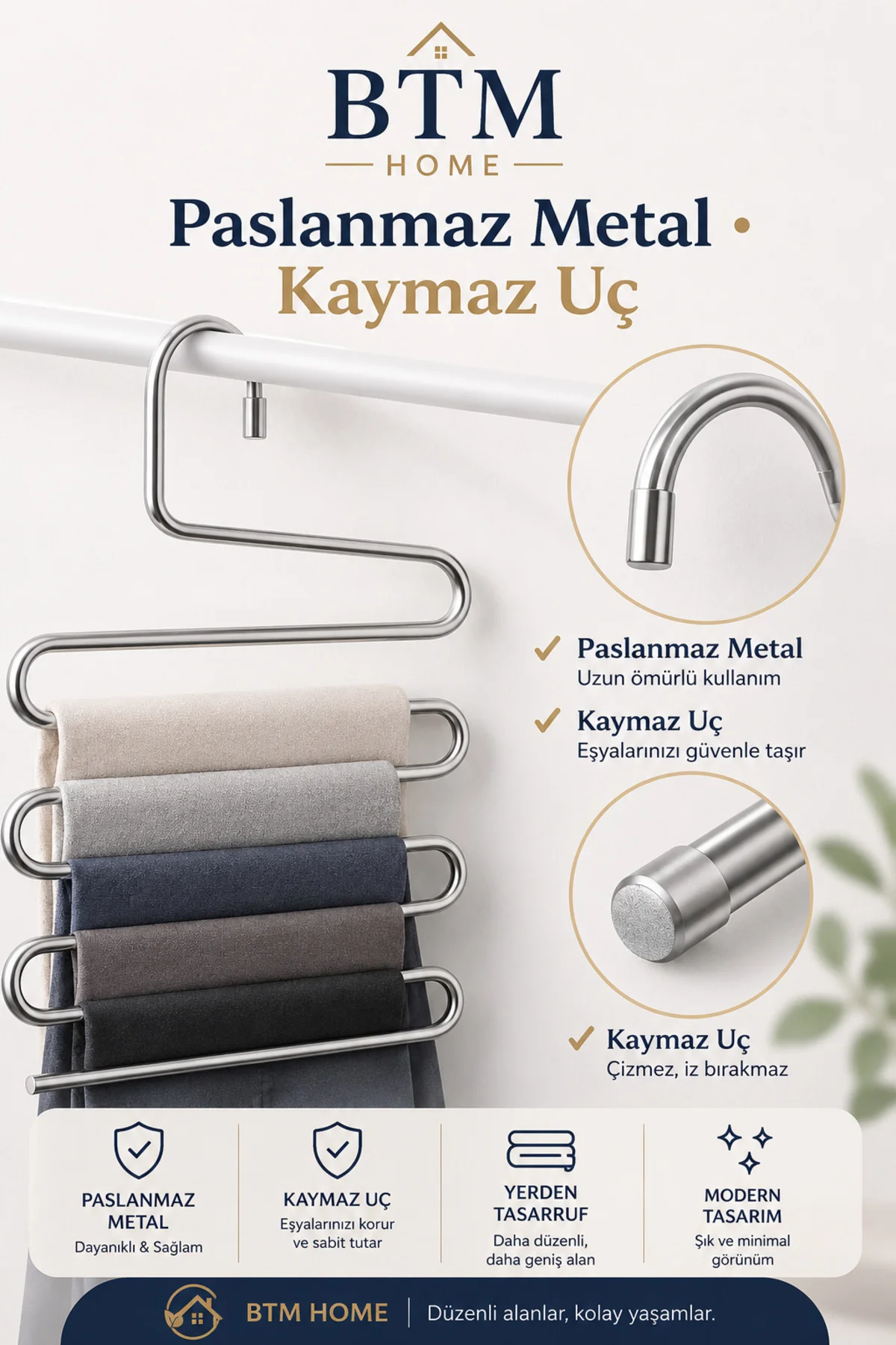 5 Katlı Pantolon Askısı Paslanmaz Metal Dolap İçi Düzenleyici Kaymaz Askılık