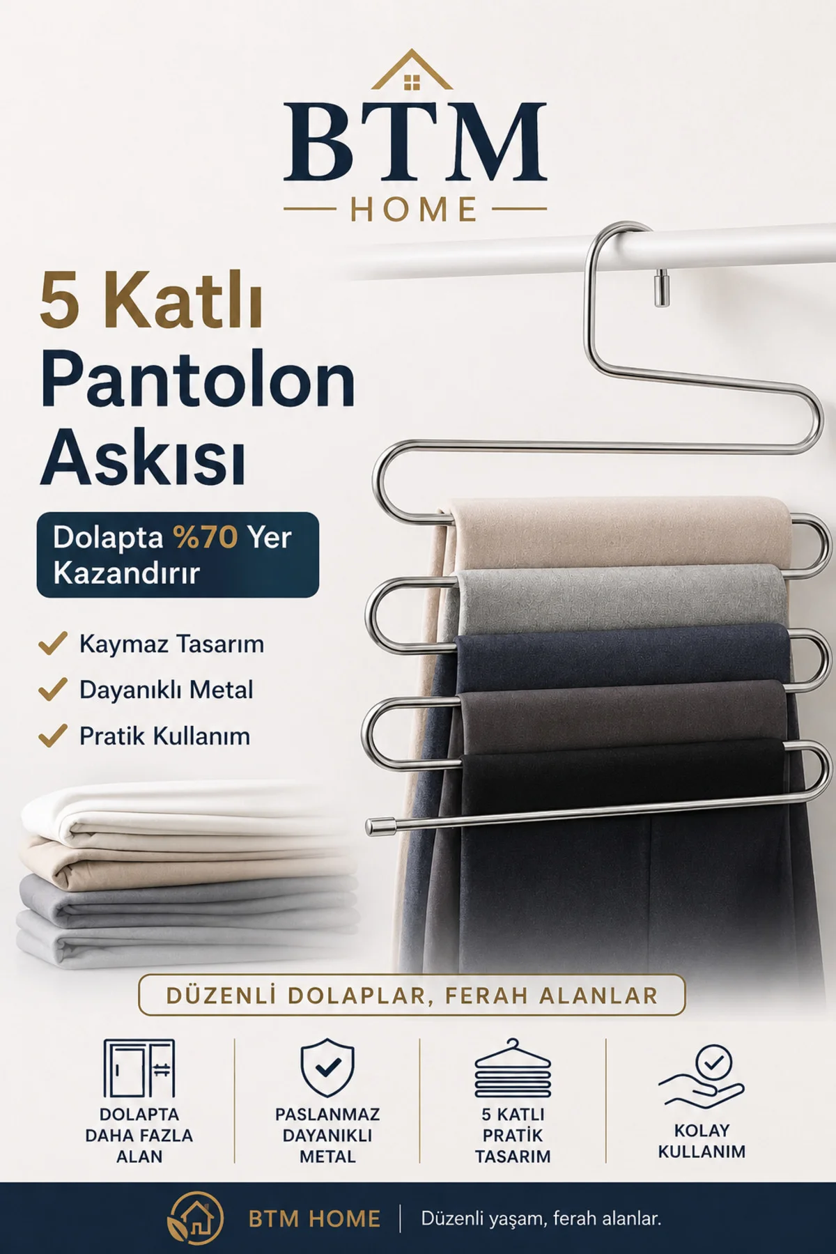 5 Katlı Pantolon Askısı Paslanmaz Metal Dolap İçi Düzenleyici Kaymaz Askılık