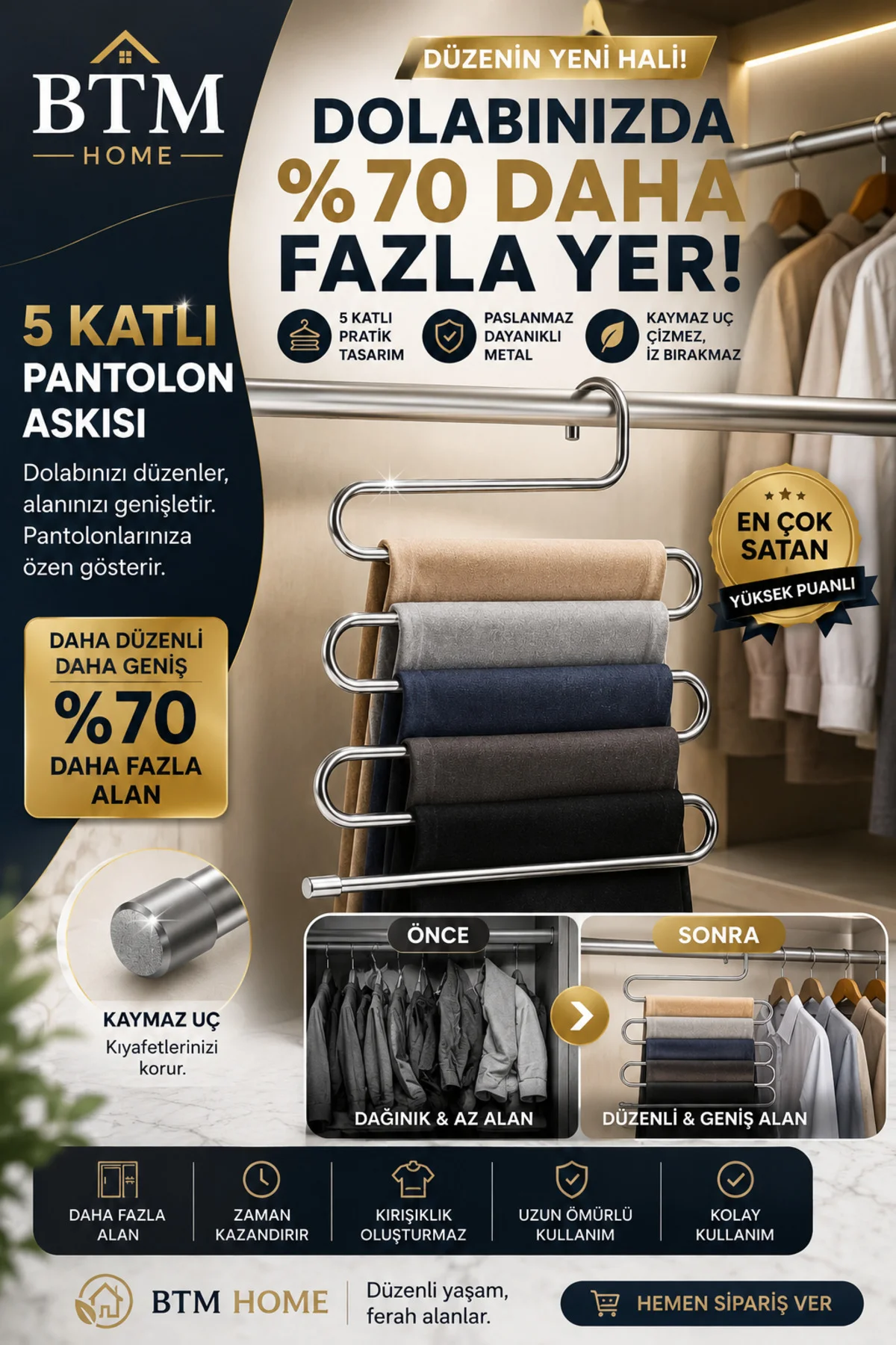 5 Katlı Pantolon Askısı Paslanmaz Metal Dolap İçi Düzenleyici Kaymaz Askılık